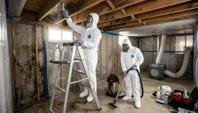 Mold removal technician inspecting water damage in Richardson, TX home crawl space