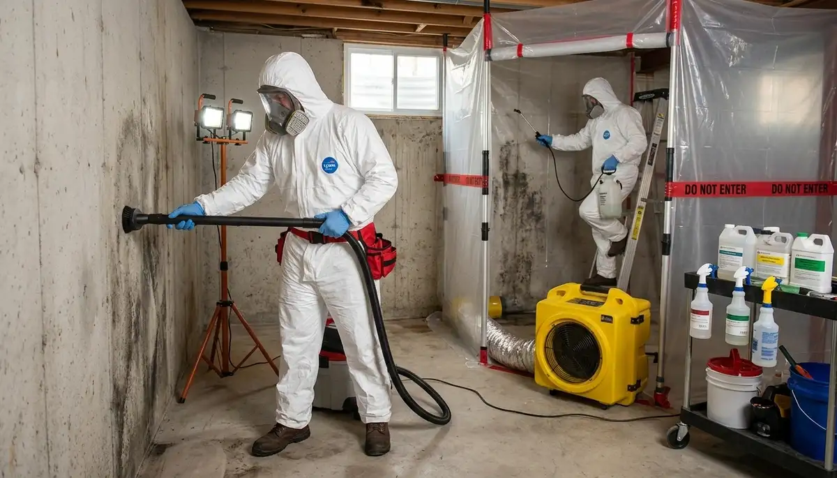 Mold removal technician inspecting water damage in Richardson, TX home with moisture-damaged walls